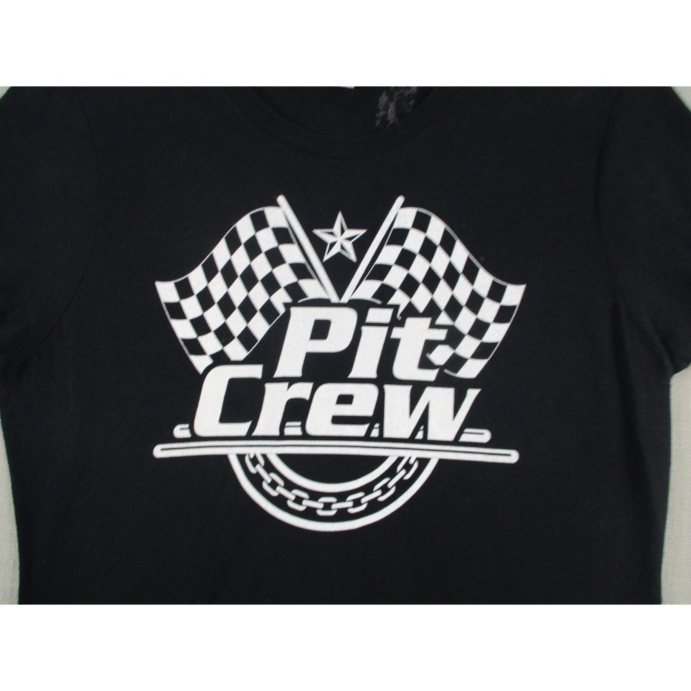 Pit Crew Graphic‎ T-Shirt Womens Medium Black Racing Checkered Flag Short Sleeve